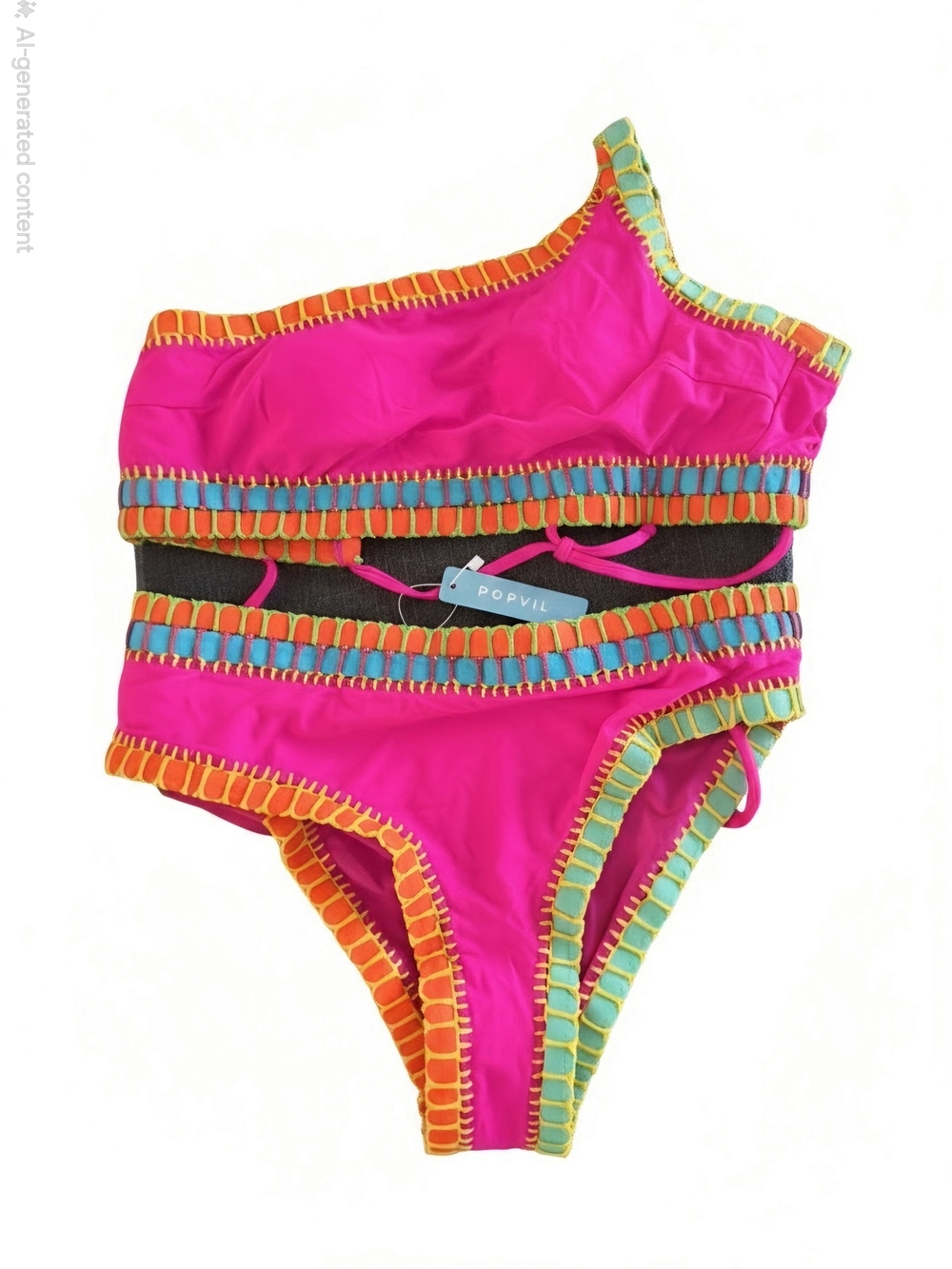Ladies Hot Pink One-Shoulder Swim Set with Multicolor Trim